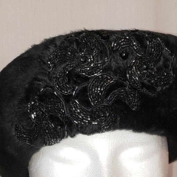Faux Fur Hat 50s Beaded Bedazzled Cossack Black Size 22 Martelle of West Germany - Picture 2 of 11